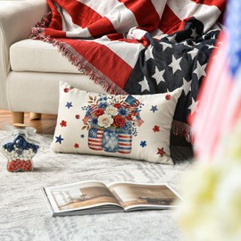 4th of July Patriotic Poppy Floral Glass Bottle Throw Pillow Cover, 12 x 20 Inch Independence Day Memorial Day America Flag Stars Stripes Decor Cushion Case for Sofa Couch