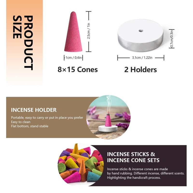 Scent-Hi 120 Incense Cones with Holder, 8 Pack Mixed Scents