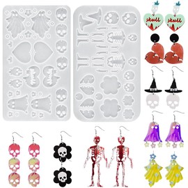 Juego de 2 moldes de resina para aretes de Halloween, diseo de calavera y corazn, fantasma, esqueleto, flor, sombrero de bruja, molde de silicona, colgante de joyera de Halloween, molde de fundicin epoxi