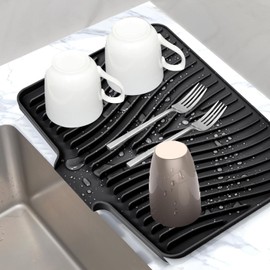 Dish Drying Mat for Kitchen Counter, Silicone Dish Drying Pad, Non-Slip Drain Pad with Built-in Drain, 15.8" x 13" Heat Resistant Stone Drying Mat (Black, Large)