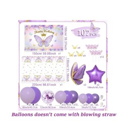 Generic 107 Pcs Purple Butterfly Birthday Decoration Set Indoor Outdoor Party