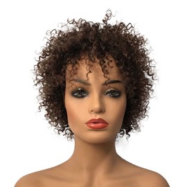 Wiginway Short Kinky Curly Dark Auburn Wigs with Black Root Afro African American Full Wigs Hair Replacement 8 Inch