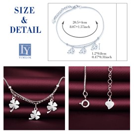 Yumilok Women's Anklet with Four Leaf Clover Pendant Double Chain 925 Sterling Silver Anklet Beach Sandal Barefoot for Girls with Clasp, Sterling Silver