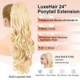 LuxeHair Ponytails Hair Extension – 24” Long Claw Clip In Ponytail Extensions, Jaw Clip On Ponytail Hairpiece, Curly Wavy Fake Hair Pony tails Extension for Women - Medium Ash Blonde with Blonde HL