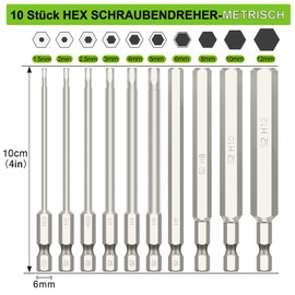 Hakkin 10 Pieces 1/4 Inch 100 mm Long Hex Screwdriver Bits Set, Hex Shank, Allen Key Magnetic S2 Hexagon Socket Screwdriver Bit Set 1.5-12 mm Allen Key Hex