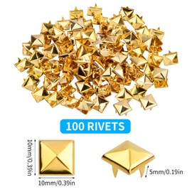 vesaneae Pack of 100 Square Rivets, 10 mm Metal Rivets, Punk Pyramid Rivets, DIY Leather Spike Rivets, Metal Square Rivets, Claw Rivets for Bags, Clothes, Shoes (Gold)