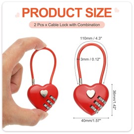 PATIKIL 3 Digit Cable Combination Lock, 2 Pcs Heart Shape Cable Lock with Combination 4.3" Steel Rope for Gym Bikes Cabinets Wardrobes Small Fences, Red
