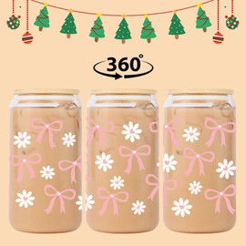 Lovearth Coquette Aesthetic Glass Cup, Bow Daisy Cup, 16 oz Pink Tumbler w/Lid & Straw, Iced Coffee Cup, Cute Christmas, Birthday Gifts for Women, Mom, Teen Girl, Girlfriend, Best Friend, Coworker