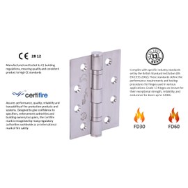 HANDLEZONE® Door Hinges 1.5 Pairs (3 Hinges) 102mm / 4 inch Ball Bearing, Grade 13 Fire Rated, CE13 FD30 FD60, with Screws - Satin Stainless Steel