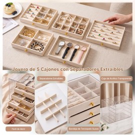 Organizador Acrílico para Joyas丨Soporte para Collar de Acrílico, Joyero TransparEnte con 5 Cajones, Joyero Apilable de Terciopelo, Joyero Multifuncional para PeNdientes, Anillos, Collares, Relojes