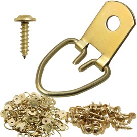 MEETOOT 50pcs D-Ring Picture Hanger 13x32mm Gold Color Single Hole Lifting Ring with Screws for Hanging Clock Paintings Artwork Picture Frame