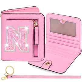 YQE Mini Wallet RFID Bifold Travel Essential Purse with Initial Monogrammed Letter Company Anniversary Female Employee Staff Coworker Appreciation Birthday Christmas Thanksgiving Gifts Pink N