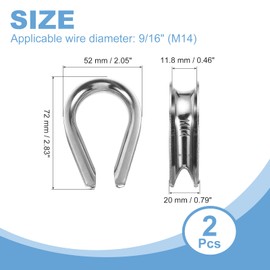 sourcing map 9/16" M14 Stainless Steel Thimble, 304 Stainless Steel Wire Rope Cable Thimbles Rigging Marine Grade, Silver 2Pcs