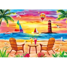 500 Piece Puzzle for Adults - Jigsaw Puzzles - Seaside Relaxation - Sunset Lighthouse Beach Chair