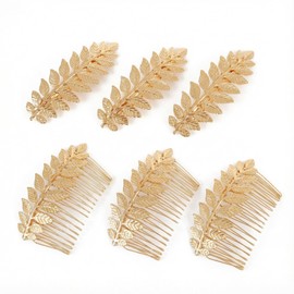 6PCS Gold Leaf Hair Clips & Hair Combs Set (2 Styles, 3 Each), Rhinestone Wedding Hair Accessories for Bride Bridesmaid Women Girls, 3.54" Clip / 3.35" Comb