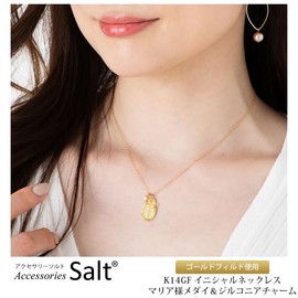 K14GF Initial Necklace with Virgin Mary Medal & Zirconia Charm for Women, Gold, Amulet, Comes with Jewelry Box, Gift, Present, Accessories Salt, Metal, Cubic Zirconia