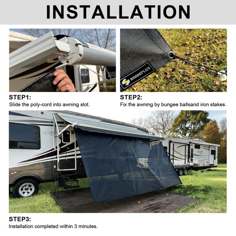 SHADEPLUS RV Awning Shade Screen Without Zipper 8'x16'3'',Black Mesh RV
