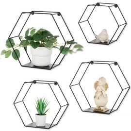 Walasis Hexagon Shelves Black for Wall - Metal Wood Floating Honeycomb Shelf - Hanging Planter Shelves for Living Room Bedroom Bathroom Set of 4