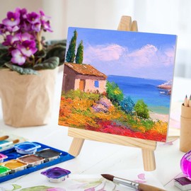 TOTSUN 8Pcs Mini Easel with Art Canvas, Wood Mini Easel Triangle Frame with 10x10cm Blank Canvas Wedding Table Card Stand Display Holder