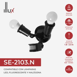 ILLUX Arbotante de seguridad con sensor de movimiento 180°, color negro para muro, luces de seguridad, utiliza 2 focos E26 LED o Halogenas (NO INCLUIDOS) SE-2103.N