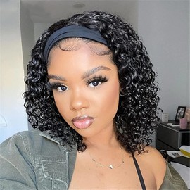 Headband Wig Human Hair Deep Wave Wig Women's Real Hair No Lace Human Hair Wig Wear and Go Glueless Wig for Black Women 150% Density Natural Colour 12 Inches (30 cm)