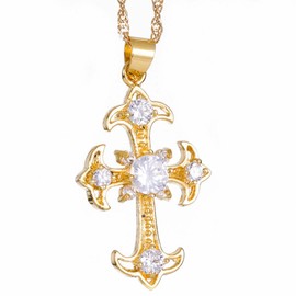 RIZILIA Crucifix Cross Pendant with 45cm(18") Chain & Round Cut Gemstones CZ [White Topaz] in 18K Yellow Gold Plated, Simple Modern Elegance