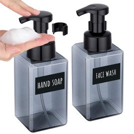Segbeauty Empty Foam Soap Dispenser Pump Bottles 15.2oz 2pcs, Refillable Foaming Hand Soap Dispenser, 450ml Gray Foam Bottle with Waterproof Stickers, Plastic Square Liquid Foaming Container BPA Free