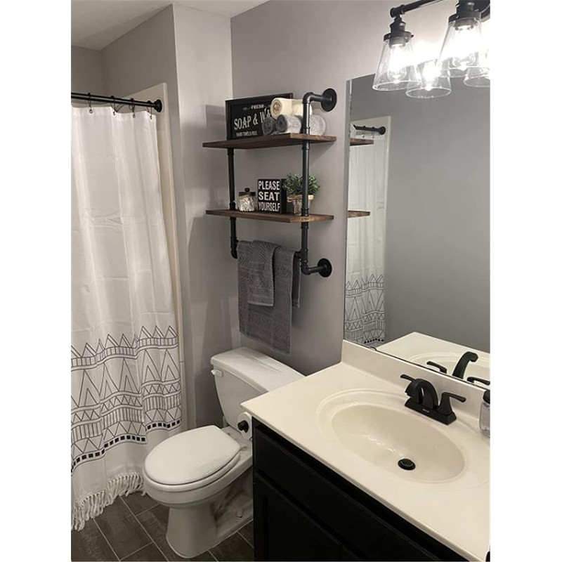 Industrial Pipe Bathroom Shelf,Rustic Wood Wall Mount Shelf with Towel