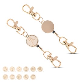 Gineman Key Reel, Stretchable Reel, Alphabet, Keychain, Reel Included, Strap, Small, Lightweight, Pass, Key Holder, Leather, Includes Carabiner, Gold, Leather, apricot-A