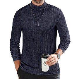 Ekouaer Men's Mock Turtleneck Shirts Long Sleeve Underwear Tops Fleece Ribbed Knit Pullover Sweater Basic Thermal Sweatshirts Navy Blue L