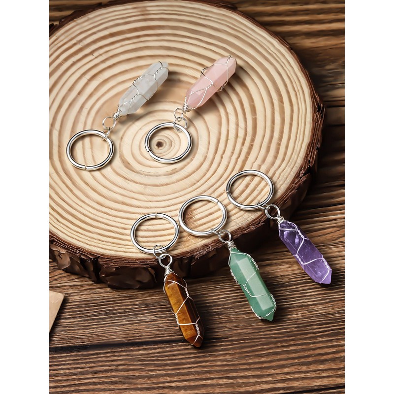 Sureio 5 Pieces Multicolor Crystals Stone Keychain Wire Wrapped Stones