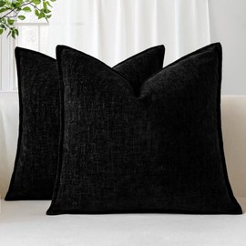 OTOSTAR Pack of 2 Chenille Decorative Throw Pillow Covers 18x18 Inch Square Soft Pillow Covers with Stitched Edge Solid Dyed Cushion Covers for Home Decor Couch Sofa Bed Living Room, Black