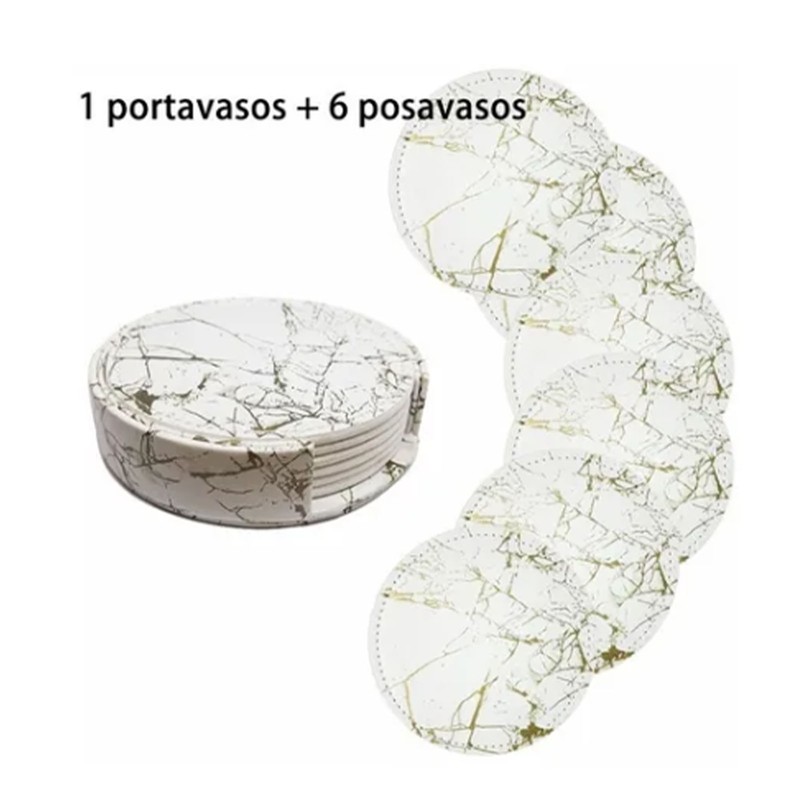 7PCS Drink Coaster Reversible Leather Round Platinum Marble Appearance 10cm