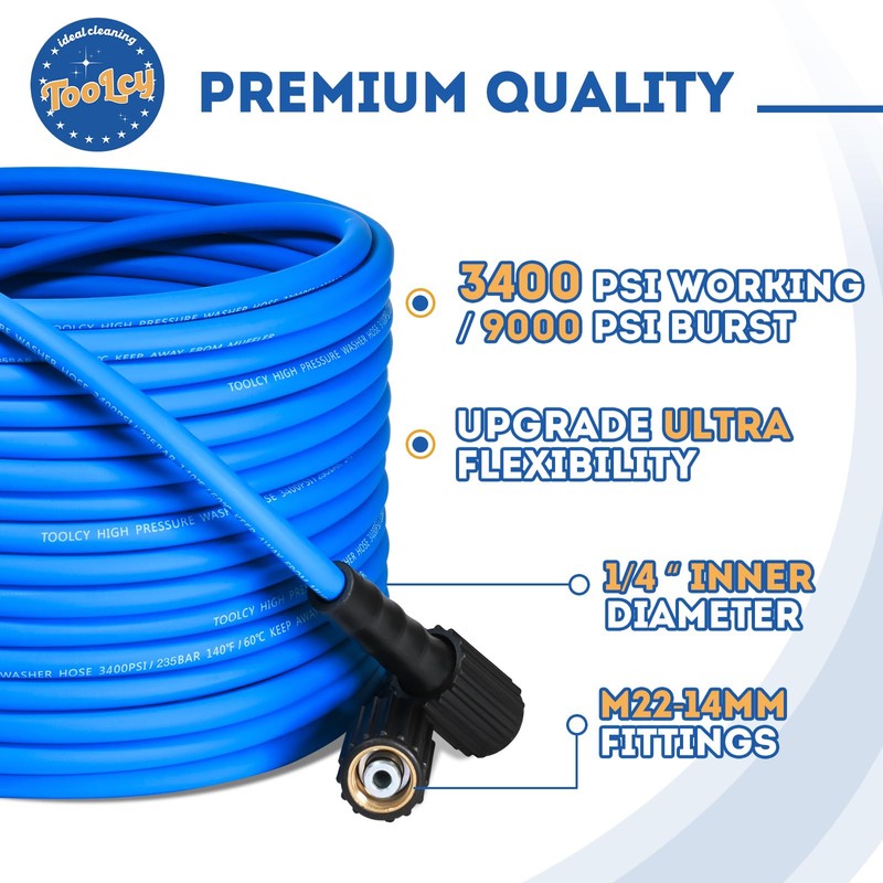 TOOLCY Super Flexible Pressure Washer Hose 50ft, 3400 PSI Kink