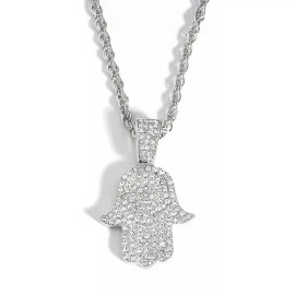 Big Dawgs Bling Silver Hand of God Hamsa Fatima Iced CZ Pendant w 30" Rope Chain Necklace