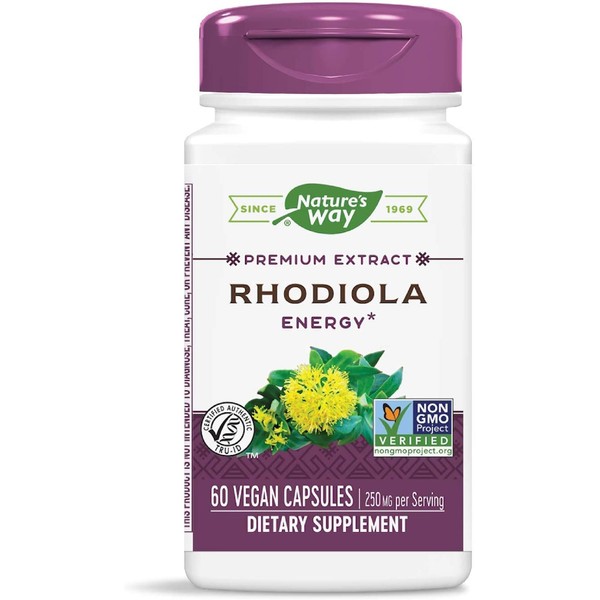 Nature's Way Standardized Rhodiola; 3% Rosavins & 1% Salidroside per serving; TRU-ID Certified; Non-GMO Project; Vegetarian; 250 mg per serving, 60 Vegetarian Capsules