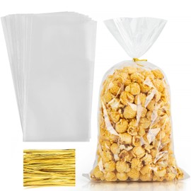 Labeol 100pcs Cellophane Bags 7X14 Popcorn Bags Treat Bag with Ties Goodie Clear Gift Bag for Packaging Party Favor Cookie Candy Bakery Plastic Cellophane Wrap