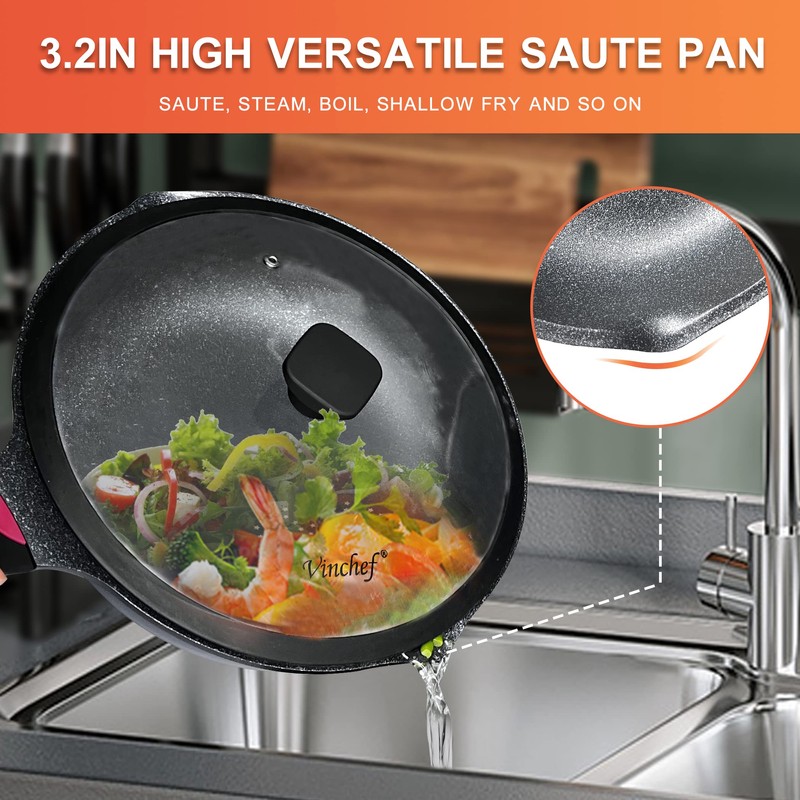 Vinchef New Handle Update 11In/5Qt Aluminum Nonstick Deep Frying Pan