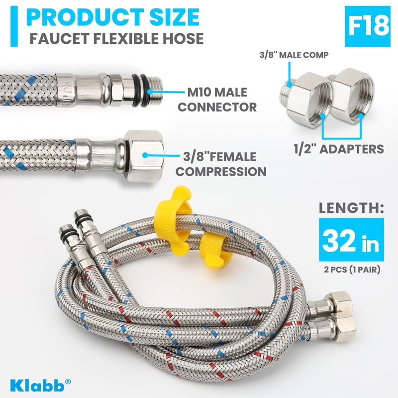 Klabb 32-Inch Stainless Steel Braided Faucet Supply Line, 3/8" Compression