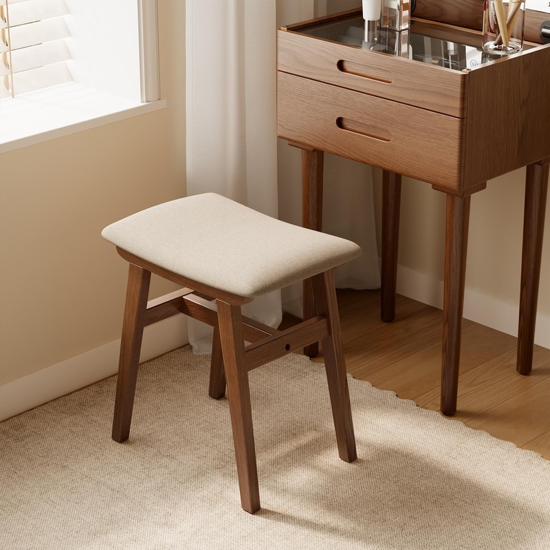 Muwuele Solid Wood Vanity Stool, Compact Makeup Chair with Saddle