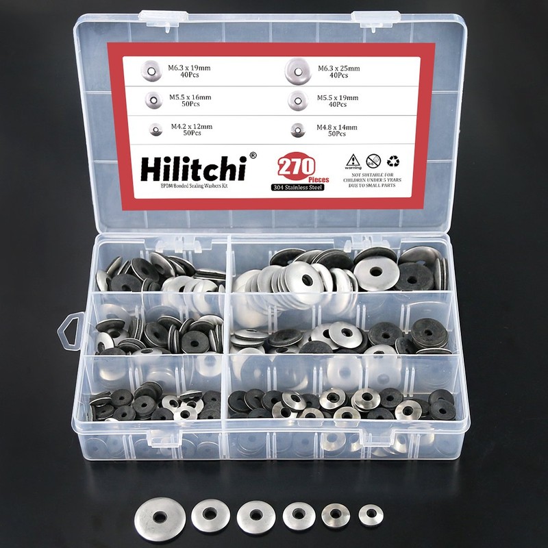 Hilitchi 270-Pcs #6#8#10#12 Stainless Steel Neoprene EPDM Bonded Sealing Gasket