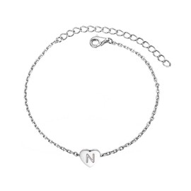 KunBead Jewelry Silver Initial N Letter Bracelet Love Heart Charm Stainless Steel Birthday Jewellery Gift Bracelets for Women
