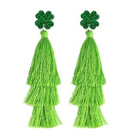 St. Patrick's Day Earrings Bohemian Green Layered Tassel Dangle Drop Earrings Glitter Lucky Clover Irish Shamrock Acrylic Stud Earrings for Women Holiday Jewelry -Style 4