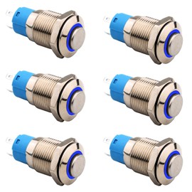 RUNCCI-YUN 6 Pieces 12 mm Metal Locking Pressure Switch, DC 12 V/24 V 4 Pin SPDT On/Off Switch with Blue LED Light, Waterproof Self-Locking Round Switch (Protruding)