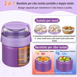 Thermal Container for Food, 400 ml, Thermal Bowl with Lid, Stainless Steel Warming Container with Spoon, Thermos Food Leak-Proof, Thermal Lunch Box for Soups (400 ml Purple)