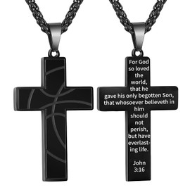 GLITTO Basketball Cross Necklace for Men Boys Kids Stainless Steel Pendant Chain Religious Christian Baptism First Communion Confirmation Jewelry Gift Christmas Valentine's Day John 3:16 Black