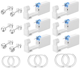 Nunpag 24 Pcs Ear Piercing Kit Ear Disposable Piercing Gun Kit Includes 6 Pcs Self Piercing Gun 12 Pcs Cubic Zirconia Earrings Stud Hoop Earrings Easy-to-Use Ear Piercer Kit Tool Silver