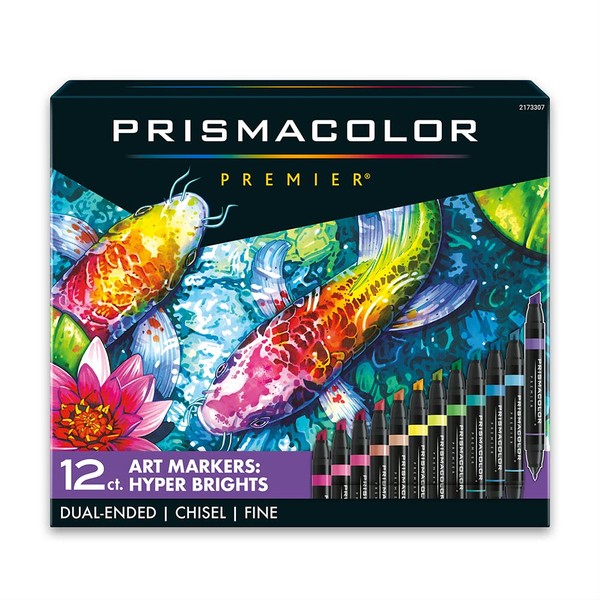 Prismacolor Premier Dual-Ended Art Markers, Chisel Tip and Fine Tip, Hyper Bright Colors, 12 Count