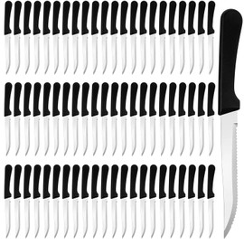 Gisafai 150 Pieces Steak Knives Stainless Steel Serrated Knives with Pointed Blade Black Plastic Handle for Kitchen Restaurant Tableware Camping Butter, Dishwasher Safe, 0.83 x 8.78 Inches