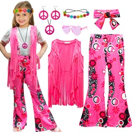 XonyiCos 8 Pcs Girls Kids 60s 70s Hippie Costume Disco Outfits Fringe Vest Boho Bell Bottoms Hippie Outfits Accessories Set (Pink, 7-8 Years)